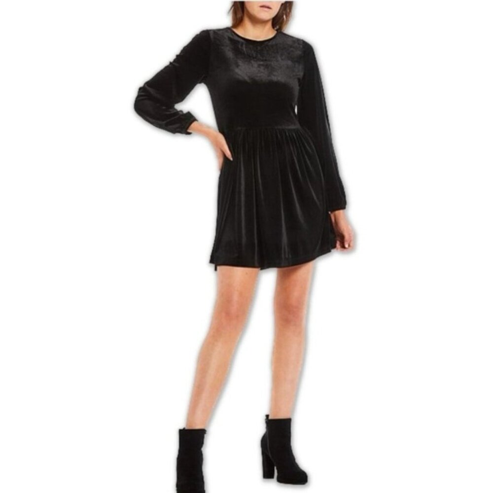 Copper Key Women Black Long Balloon Sleeve‎ Velvet Swing Dress Medium Mini